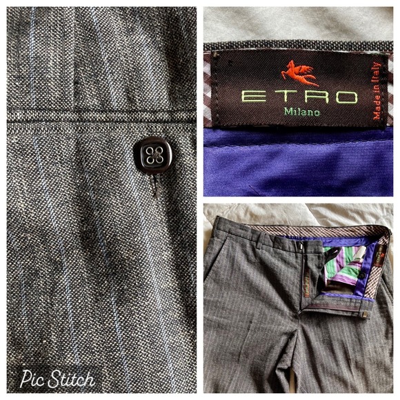 ETRO Milano Cotton Linen Twill Dress Pant Gray Salt Pepper Pinstripe E52/US35x26